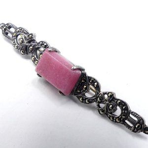 Vintage sterling silver marcasite & pink stone bar